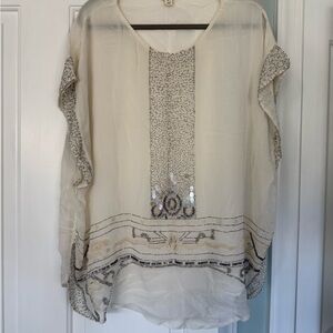 Anthropologie Cream Sequin & Bead Embellished Sheer Tunic
